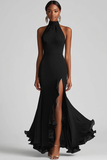 Black Halter Neck Sheath Slit Formal Dress with Ruffle Hem