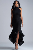 Ruffle Mermaid Halter Neck Black Cocktail Dress