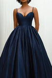 Navy Sweetheart A Line Taffeta Formal Dress with Pockets