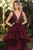 A Line V Neck Tiered Organza Burgundy Formal Dress