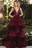 A Line V Neck Tiered Organza Burgundy Formal Dress