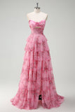 Blush Floral Printed Princess Sweetheart Tiered Long Prom Dress