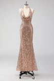 Sparkly Halter Backless Mermaid Champagne Prom Dress