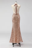 Sparkly Halter Backless Mermaid Champagne Prom Dress