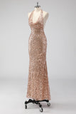 Sparkly Halter Backless Mermaid Champagne Prom Dress