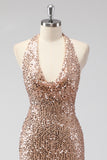 Sparkly Halter Backless Mermaid Champagne Prom Dress