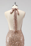 Sparkly Halter Backless Mermaid Champagne Prom Dress