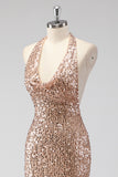 Sparkly Halter Backless Mermaid Champagne Prom Dress