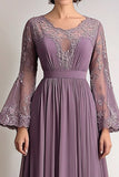 Lace Chiffon Taro Purple Mother Of Bride Dress with Long Sleeves