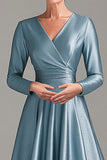 A Line Grey Blue V Neck Mother Of the Bride Dress with Long Sleeves