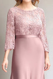 Pink Lace Ruched Long Sleeves Mother of the Bride Dress