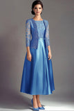 Blue A Line Lace Satin Long Sleeves Mother Of The Bride Dress