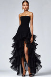 Black Strapless Tiered Ruffled Formal Dress with Slit