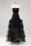 Tiered Strapless Ruffled Black Formal Dress with Slit