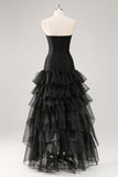 Tiered Strapless Ruffled Black Formal Dress with Slit