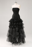 Tiered Strapless Ruffled Black Formal Dress with Slit