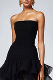 Black Strapless Tiered Ruffled Formal Dress with Slit