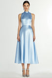 A Line Blue Halter Neck Satin Long Formal Dress