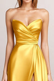 Yellow A-Line Strapless Wrap Ruched Satin Long Formal Dress with Slit