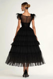 Black A-Line Flatter Sleeves Ruffles Tulle Tea Length Formal Dress