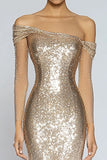 Sparkly Champagne Mermaid Off the Shoulder Sequins Long Formal Dress