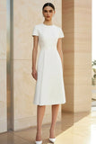 White Jacquard Round Neck Midi Formal Dress with Short Sleeves