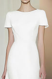 Round Neck White Tea-Length Formal Dress with Short Sleeves