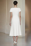 Round Neck White Tea-Length Formal Dress with Short Sleeves