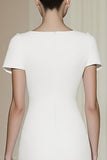 Round Neck White Tea-Length Formal Dress with Short Sleeves