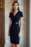 Navy V Neck Wrap Mini Formal Dress with Short Sleeves