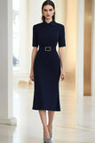 Navy Polo Collar Short Sleeve Midi Formal Dress with Silver Buckle Belt