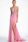 Beaded Sheath Pink Formal Dress with Slit