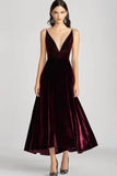 Velvet Beaded V Neck Tea-Length Burgundy Formal Dress