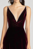 Velvet Beaded V Neck Tea-Length Burgundy Formal Dress