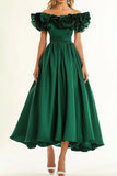 Dark Green A Line Ruffled Off the Shoulder Formal Dress