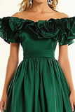 Dark Green A Line Ruffled Off the Shoulder Formal Dress