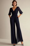 V Neck Navy Mother of the Bride Jumpsuit with Short Sleeves