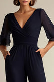 V Neck Navy Mother of the Bride Jumpsuit with Short Sleeves