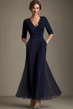 Navy Half Sleeve V Neck A Line Mother of the Bride Dress with Appliques