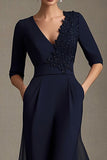 Navy Half Sleeve V Neck A Line Mother of the Bride Dress with Appliques