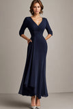 Ruched V Neck Navy Mother of the Bride Dress with Half Sleeves