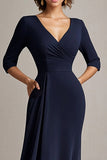 Ruched V Neck Navy Mother of the Bride Dress with Half Sleeves