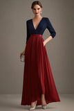 Navy and Red A Line Pleated V Neck Mother of the Bride Dress with Half Sleeves