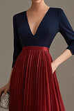 Navy and Red A Line Pleated V Neck Mother of the Bride Dress with Half Sleeves