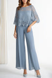 Boat Neck Half Sleeve Lace Grey Blue Mother of the Bride Jumpsuit