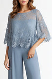 Boat Neck Half Sleeve Lace Grey Blue Mother of the Bride Jumpsuit