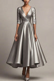 Grey V Neck A Line Mother of the Bride Dress with 3/4 Sleeves