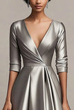 Grey V Neck A Line Mother of the Bride Dress with 3/4 Sleeves