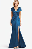 Blue Ruched Slit V Neck Mother of the Bride Dress with Short Sleeves