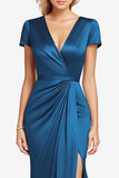 Blue Ruched Slit V Neck Mother of the Bride Dress with Short Sleeves